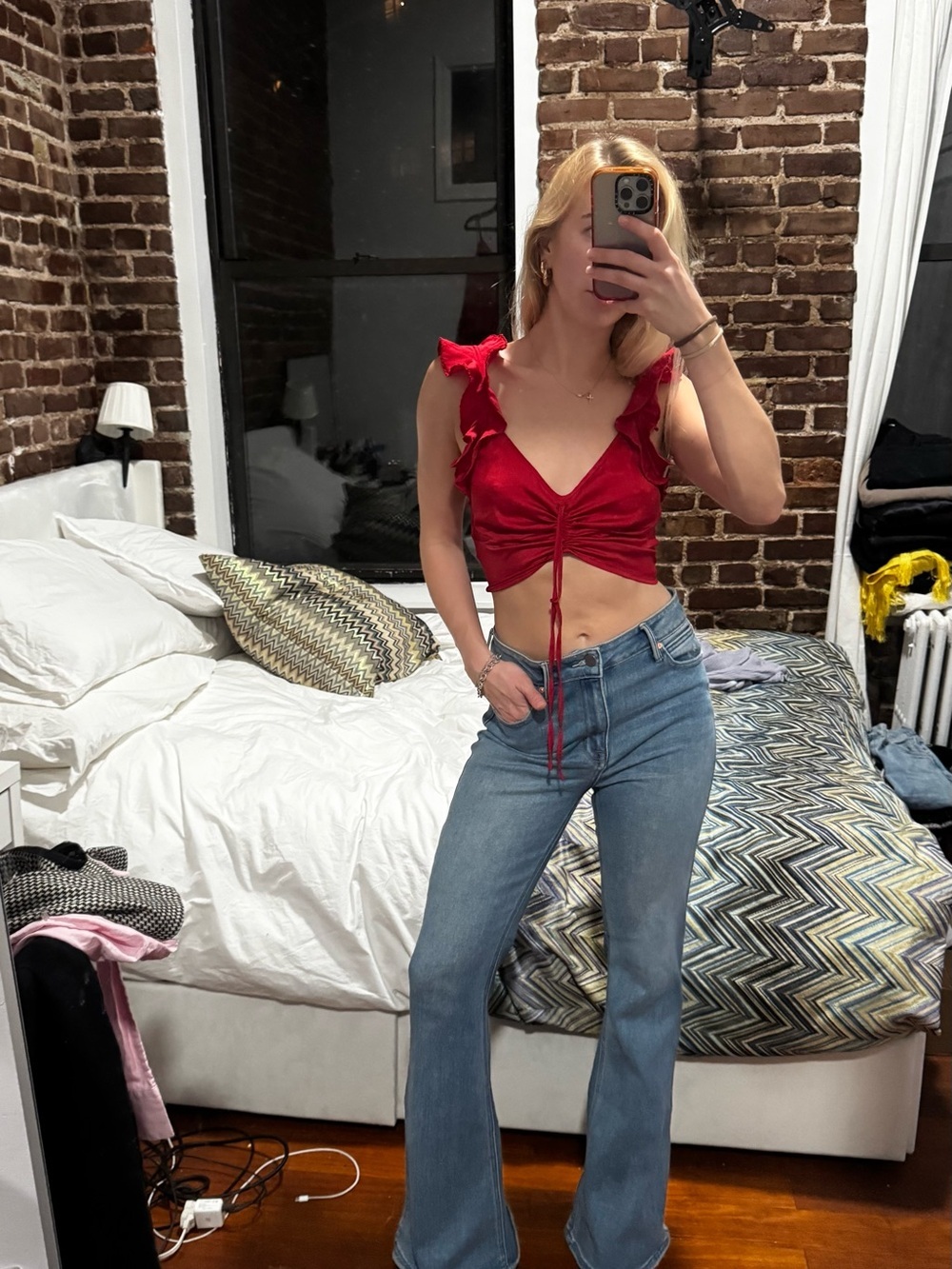 Free People Red Ruffle-Trim Drawstring Crop Tank